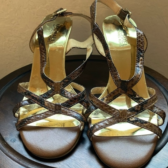 MICHAEL Michael Kors: Black/Brown Snakeskin Strappy Heel Sandal- 9 - Picture 1 of 16